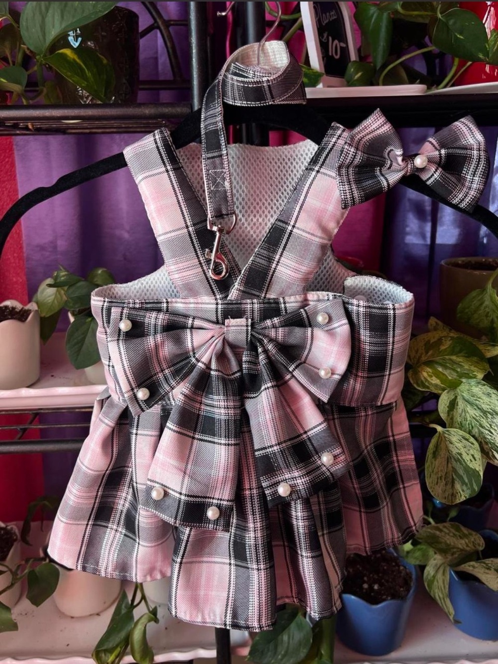 Pink & Black Plaid Pet Harness Dress with Pearl Accents & Matching Leash / Bow